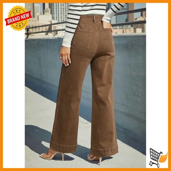 High Waisted Wide Leg Jeans Stretch Denim Pants with Pockets - Picture 5 of 7